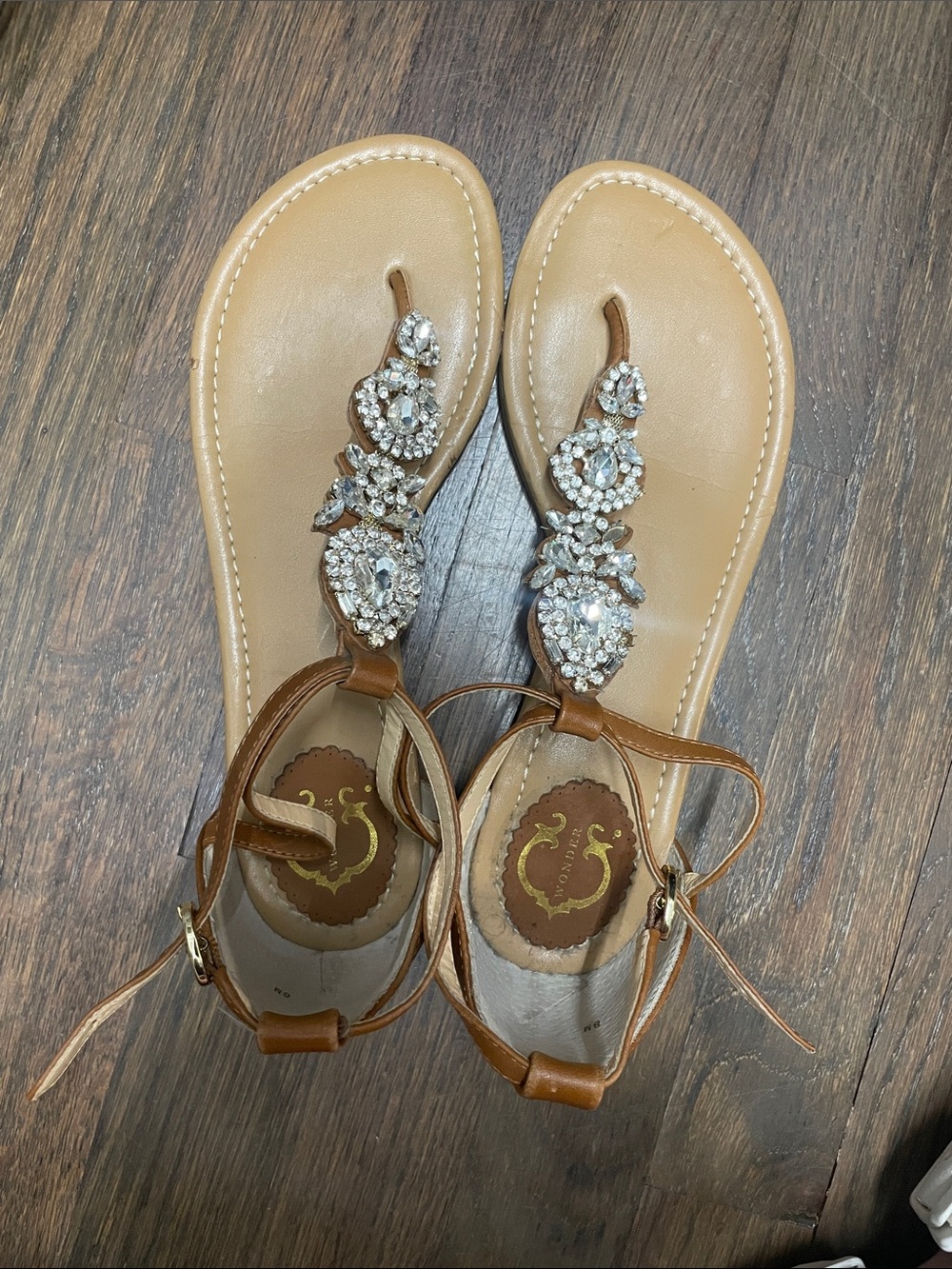 C. Wonder Tan Jeweled T-Strap Sandals